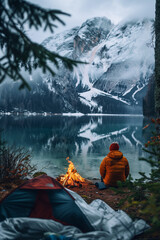 One man camper sit in front of fire in nature camping at the lake