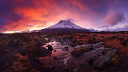 Majestic Sunset Over Volcanic Landscape with Snow-Capped Mountain Peak. Generative AI