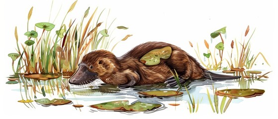 A cute water color of a platypus, swimming in a serene river, surrounded by lily pads and reeds, Clipart isolated on white