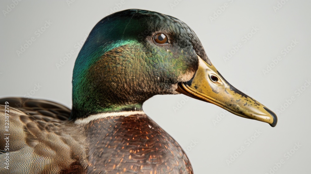 Poster close up image of a duck against a gray background. suitable for nature and animal themes