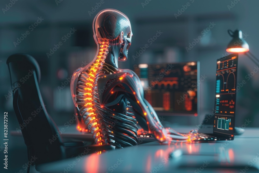 Poster a skeleton sitting in front of a laptop computer. suitable for technology and halloween themes