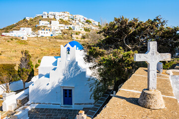 View of church monastery and holy cross in mountain landscape near Kastro village, Sifnos island,...