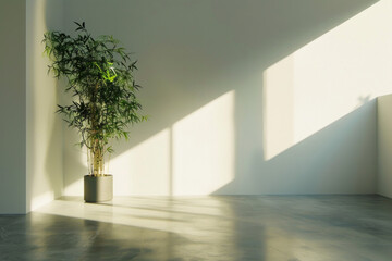 A calming, minimalist yoga space designed for ultimate tranquility. The room showcases smooth, polished concrete floors and matte white walls. A single bamboo plant in the corner.