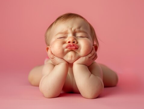 Baby with a playful expression on a soft pink backdrop is capturing hearts with its adorable goofiness