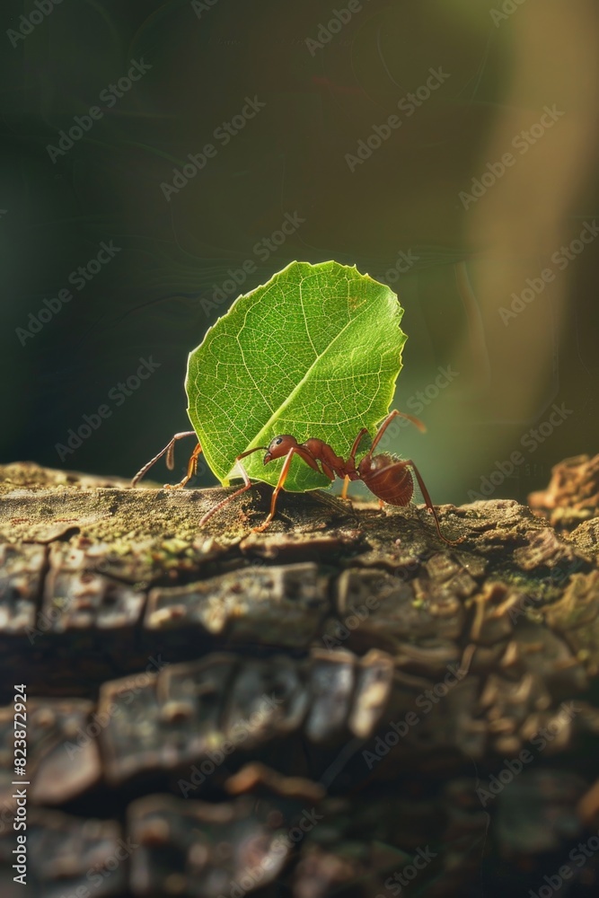 Poster ant carrying a leaf on top of a tree, suitable for nature and wildlife concepts