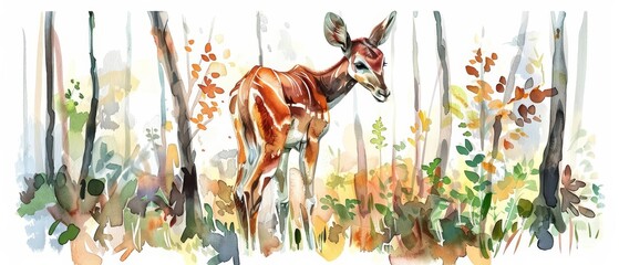 A kawaii water color of an okapi, nibbling on leaves, in an enchanted forest with soft, magical light filtering through the trees, Clipart isolated on white