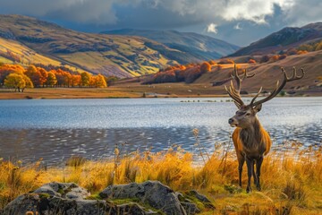 A deer standing in front of a body of water. Suitable for nature and wildlife themes - Powered by Adobe