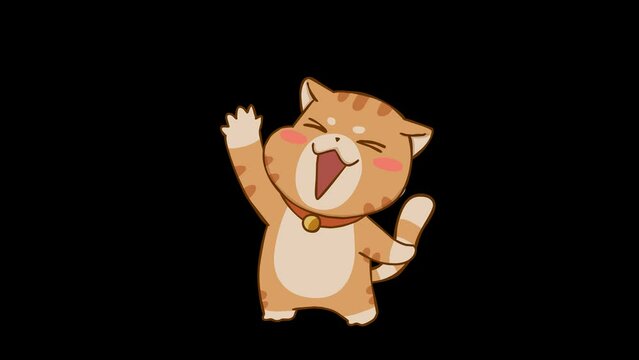 Animated Cat Waving Goodbye and Jumping into Pool with Fish Emerging - Transparent Background