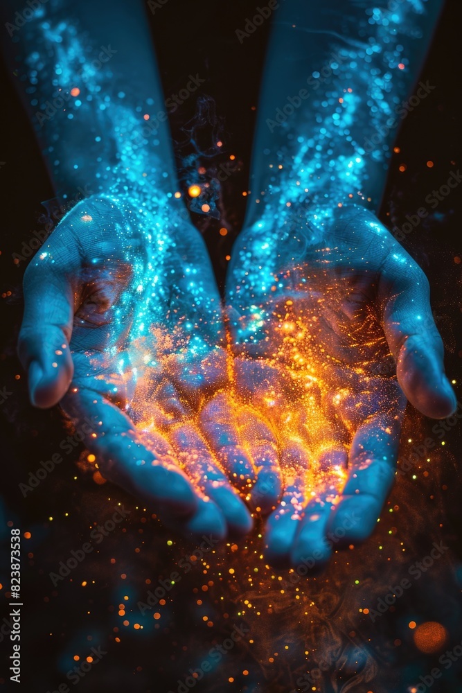 Poster A pair of hands holding a glowing object. Can be used for technology or innovation concepts