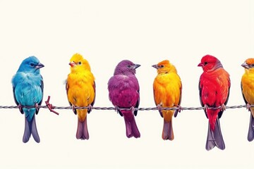 Colorful birds perched on a wire. Suitable for nature and wildlife themes