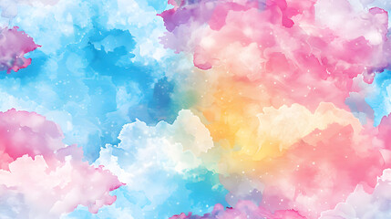  Seamless watercolor pattern featuring vibrant clouds in shades of blue, pink, and yellow. Perfect for backgrounds, wallpapers, textiles, and artistic designs.