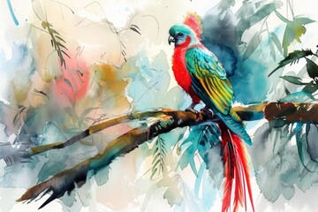 A water color of a quetzal, perched on a branch, its vibrant feathers glowing in the sunlight of a Central American rainforest, Clipart isolated on white