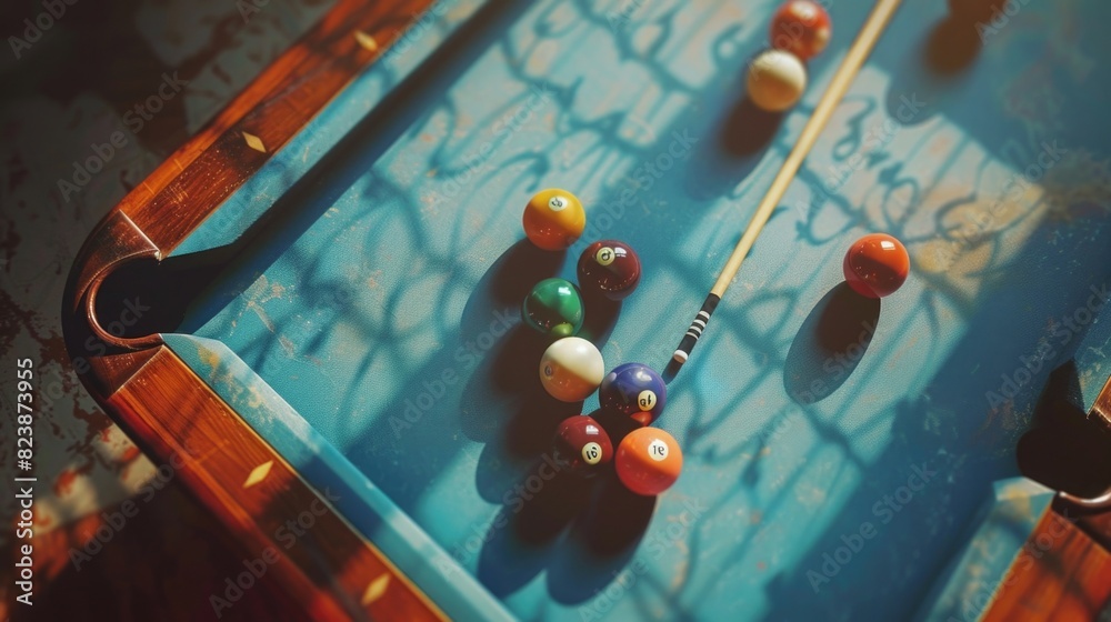 Aufkleber A pool table with various colored balls and cues. Ideal for sports and recreation concepts