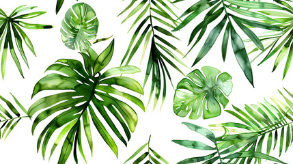 Seamless watercolor pattern featuring a variety of lush tropical leaves on a white background. Perfect for backgrounds, wallpapers, textiles, and artistic designs.