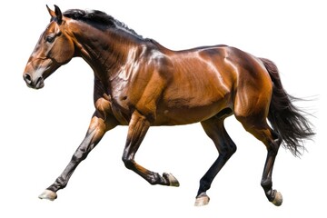 Obraz premium A majestic brown horse galloping on a white background. Suitable for various equestrian or animal-related projects