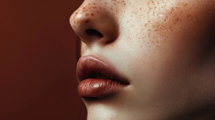 Close up of a woman with freckles. Suitable for skincare products promotion