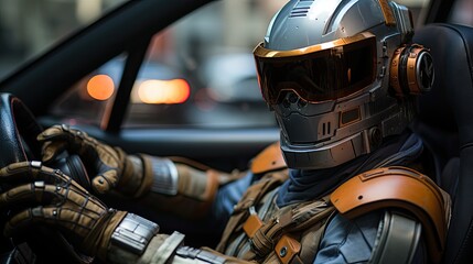 A person in a futuristic helmet and armor is sitting inside a car, with city lights blurred in the background