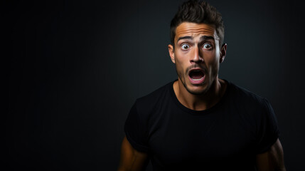 Fototapeta premium A shocked and surprised man with wide eyes and mouth open in a dark background setting