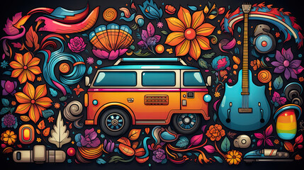 A vivid illustration featuring a classic van surrounded by an intricate floral and musical instrument design