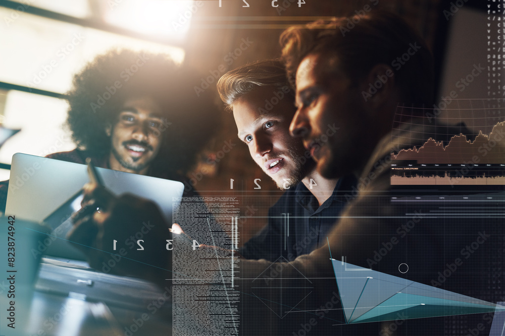 Poster Double exposure, business team and tablet coding with staff and coworking with collaboration. Office, website programming and analytics overlay with developer and management with digital work in dark