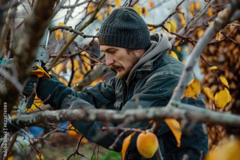 Poster Man using scissors to cut down tree, versatile image for various concepts