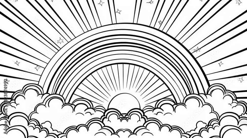 Poster a black and white drawing of a rainbow in the sky. suitable for various design projects