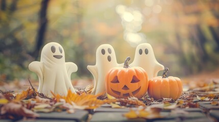 Obraz premium Blank vintage card for Halloween, highlighting elements of pumpkins and ghosts in pastel styles, with big copy space in the center for text