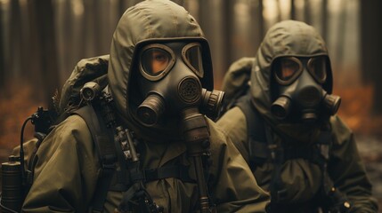 Two soldiers wearing gas masks and military gear are shown sitting in a forest setting, representing preparedness and defense