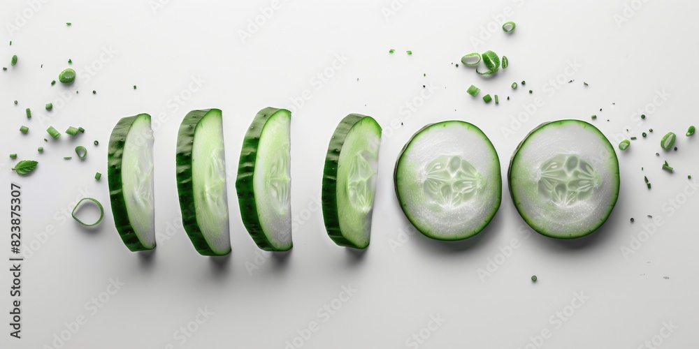 Poster fresh sliced cucumbers on a clean white background, perfect for culinary or health-related projects