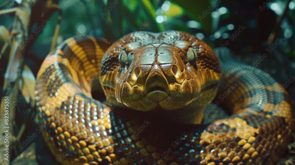 Poster A close-up image of a snake in a tree. Perfect for nature and wildlife themes