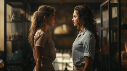 A compelling portrait of two women engaging in an intimate and possibly intense conversation