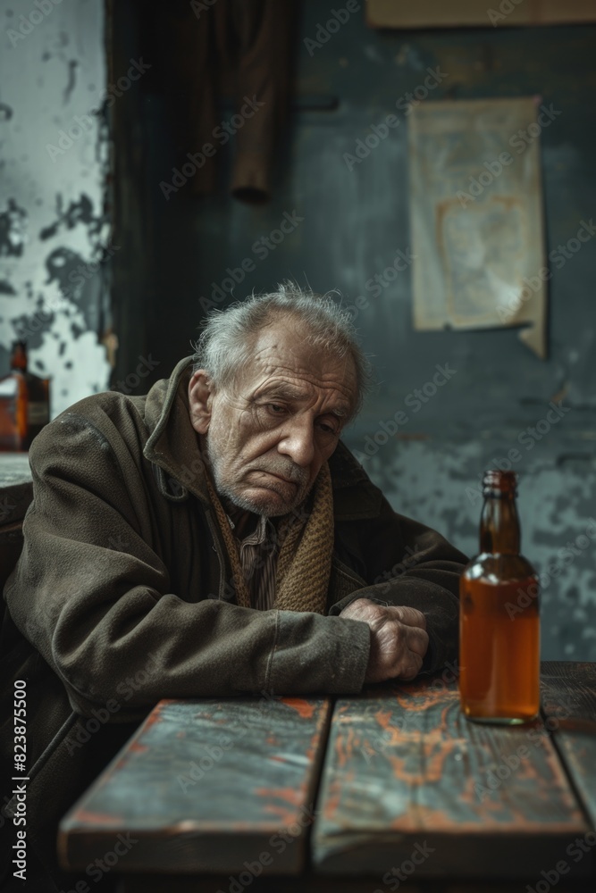 Poster a man sitting at a table with a bottle of beer. suitable for advertising and lifestyle concepts