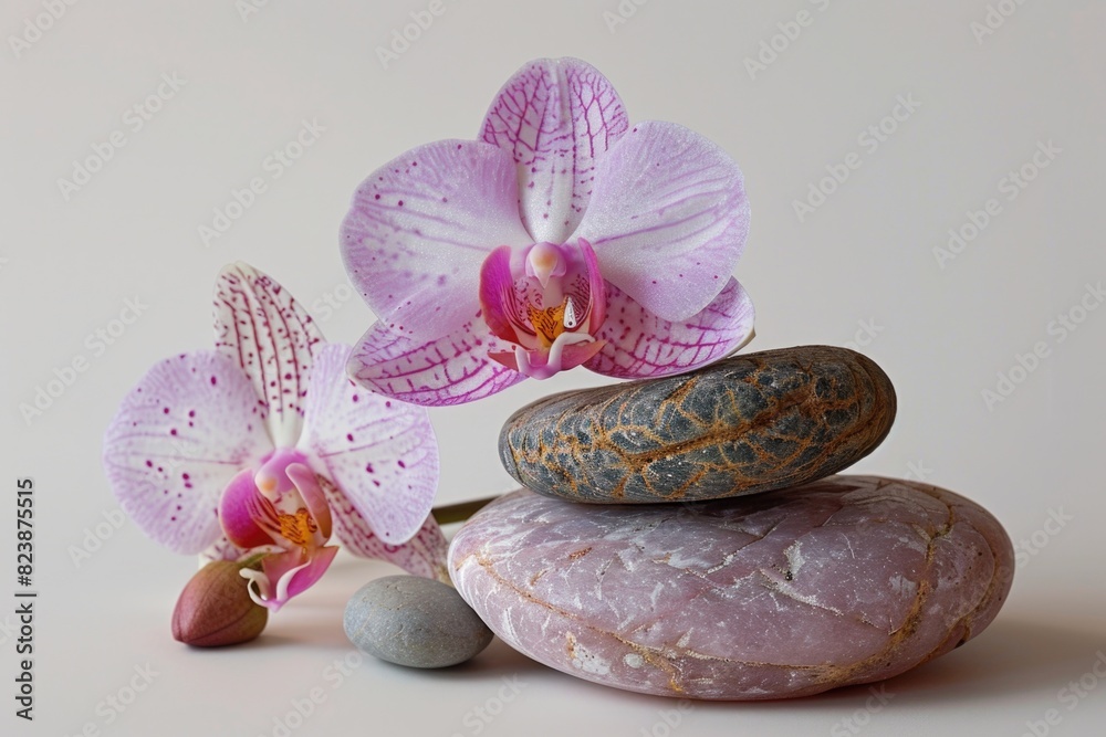 Poster a pile of rocks with a flower on top. suitable for nature and landscaping concepts