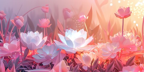 Minimalist Beauty 3D Landscape of a Flower Garden. Abstract Flowers in Pastel Light