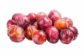 Obraz premium Wide-angle perspective of a group of jujube fruits, watercolor technique, white isolated background, soft edges, and subtle blending of colors for an artistic touch