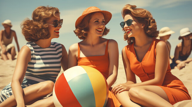 Three smiling women in retro beachwear pose with a colorful beach ball on a sunny beach
