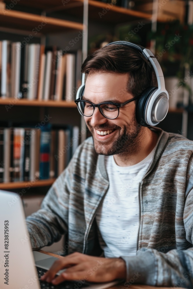 Poster a man wearing headphones while using a laptop. suitable for technology concepts