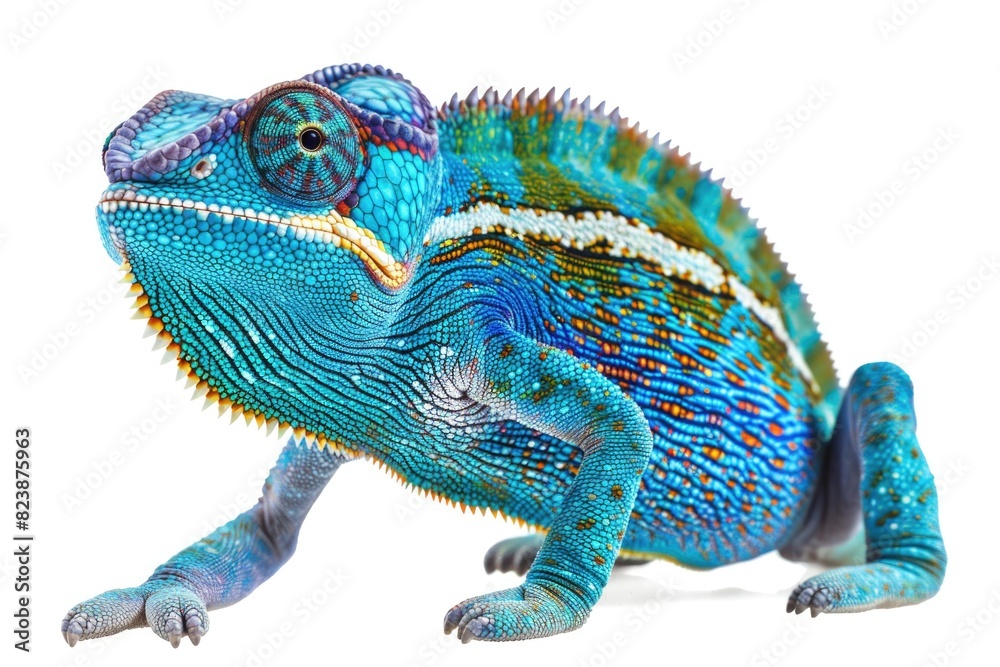 Poster colorful chameleon sitting on a plain white background, suitable for various design projects