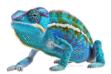 Obraz premium Colorful chameleon sitting on a plain white background, suitable for various design projects