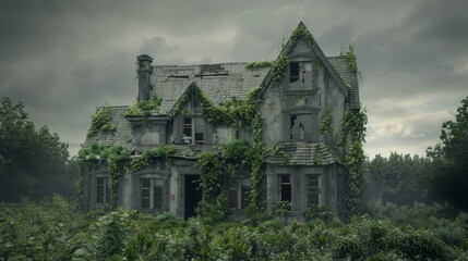Fototapeta premium Wide-angle shot of an old, abandoned house overgrown with ivy, crumbling walls, broken windows, overcast sky, eerie yet captivating atmosphere, finely detailed CG 3D rendering