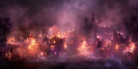 Fototapeta premium Illustration of a magical village consumed by fire. Concept Fantasy Art, Magical World, Destruction, Fire, Village Illustration