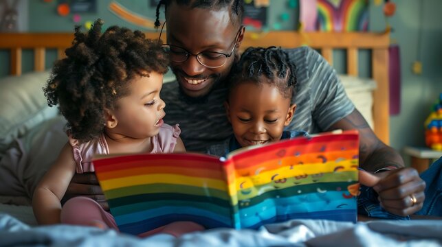 Father reading a book to his two children
