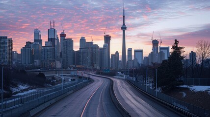 Naklejka premium curved asphalt highway road and city skyline early morning light.