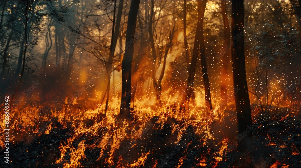 Poster a fire burning in the middle of a dense forest. suitable for environmental and disaster-related proj