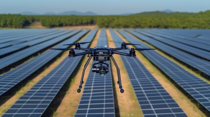 High-tech drone with cameras over solar panels in a large renewable energy farm, showcasing modern energy monitoring.