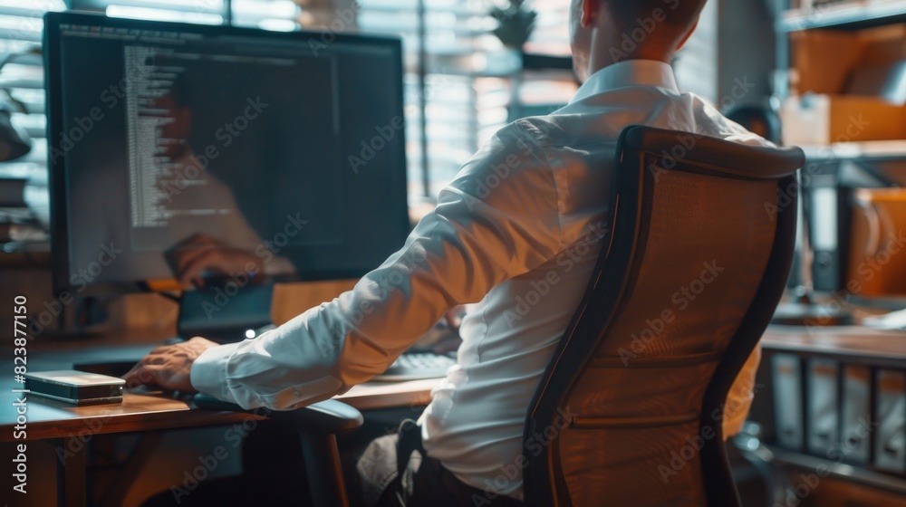 Aufkleber A man sitting at a desk using a computer. Suitable for business and technology concepts