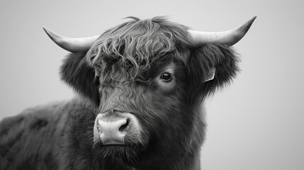 Schwarz-Wei&szlig;-Portr&auml;t einer schottischen Hochlandkuh, wei&szlig;er Hintergrund
