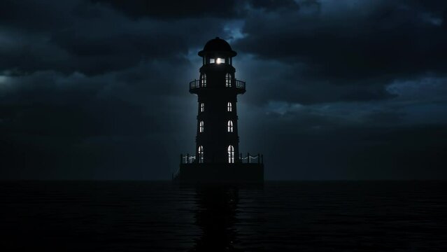 The Light Beam From The Silhouette Of A Solitary Lighthouse At Night