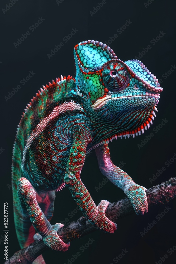 Poster a vibrant chameleon perched on a tree branch. perfect for nature-themed designs