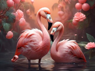 Naklejka premium Two pink flamingos standing gracefully in a body of water